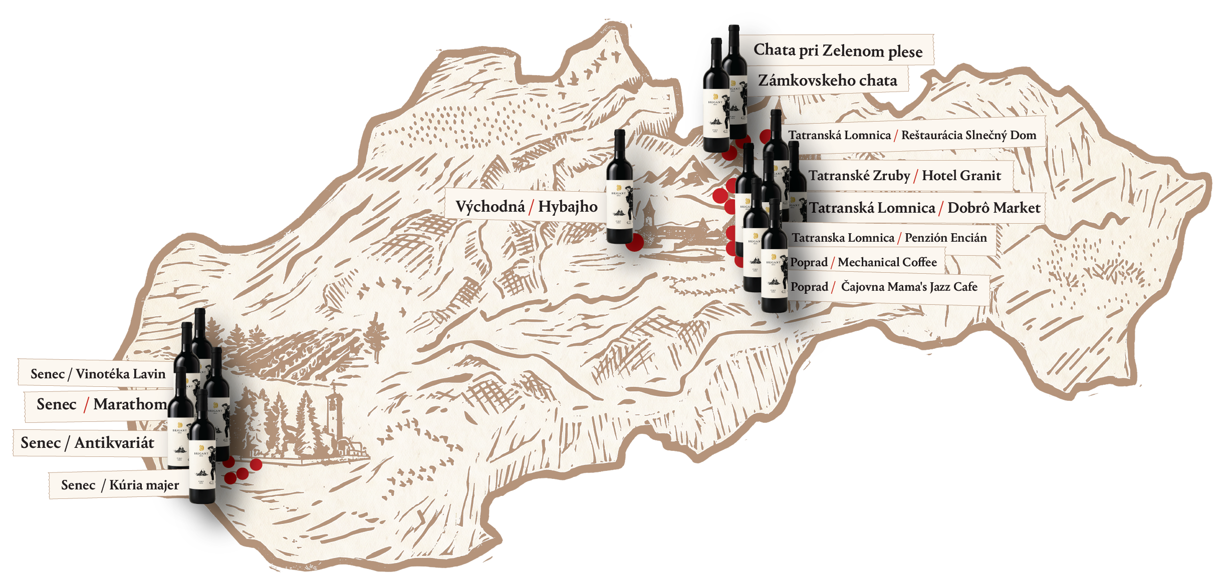Mapa prevádzok s vínami BRIGANT na Slovensku