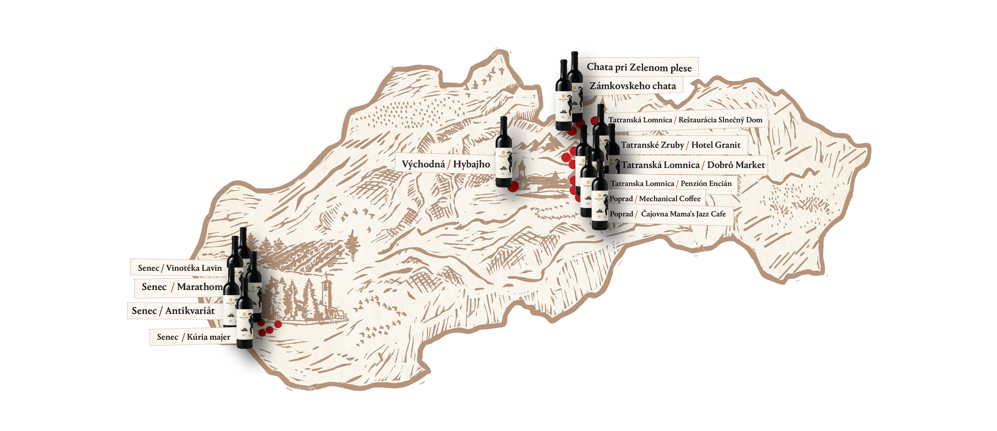 Mapa prevádzok s vínami BRIGANT na Slovensku